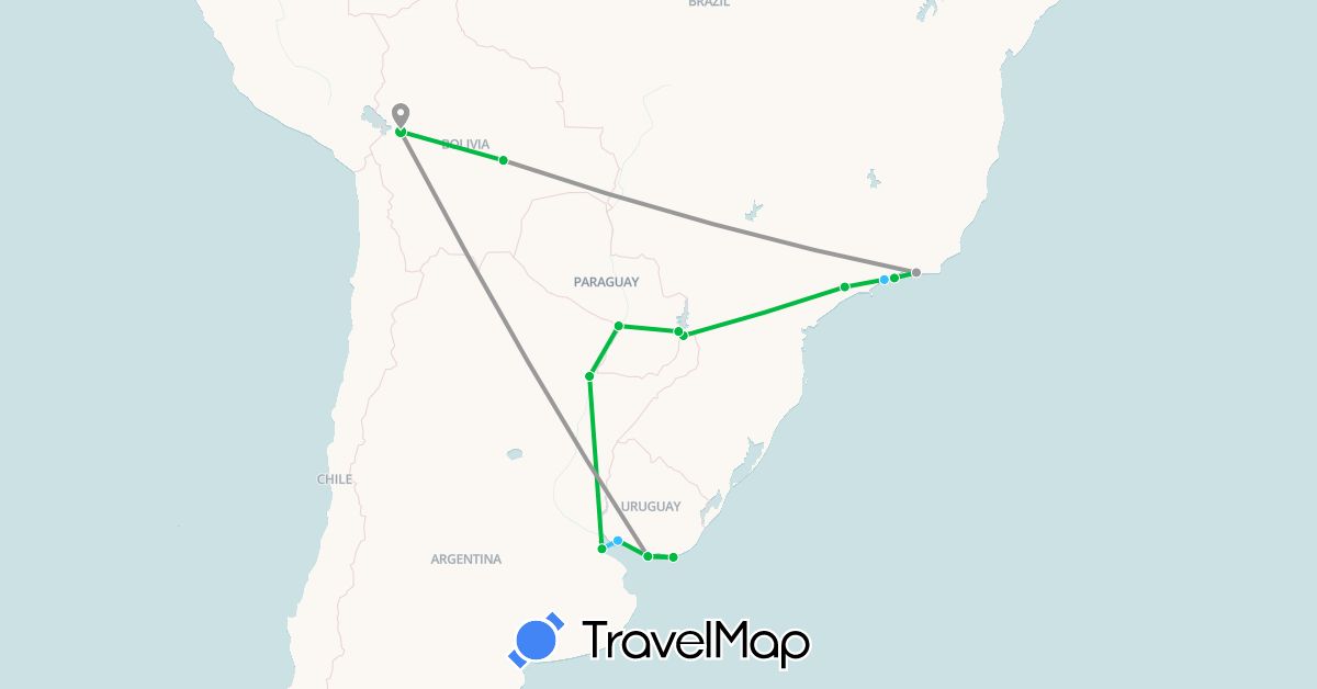 TravelMap itinerary: driving, bus, plane, boat in Argentina, Bolivia, Brazil, Paraguay, Uruguay (South America)