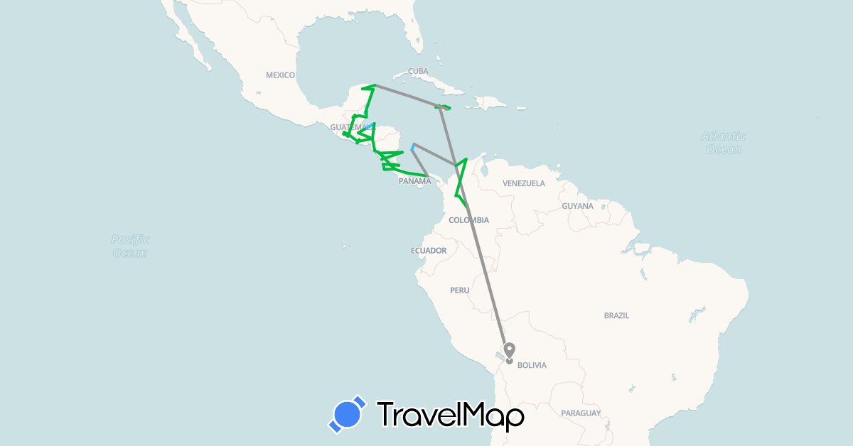 TravelMap itinerary: driving, bus, plane, boat in Bolivia, Belize, Colombia, Costa Rica, Guatemala, Honduras, Jamaica, Mexico, Nicaragua, Panama, El Salvador (North America, South America)
